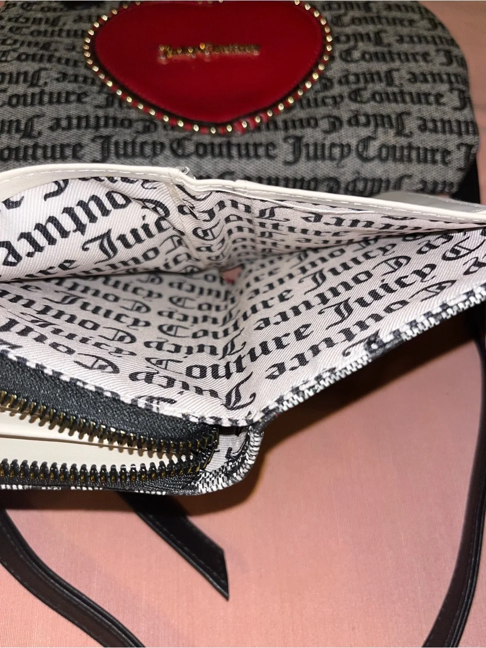 Juicy Couture Black & White Logo Satchel with Red Heart Accent & Wallet